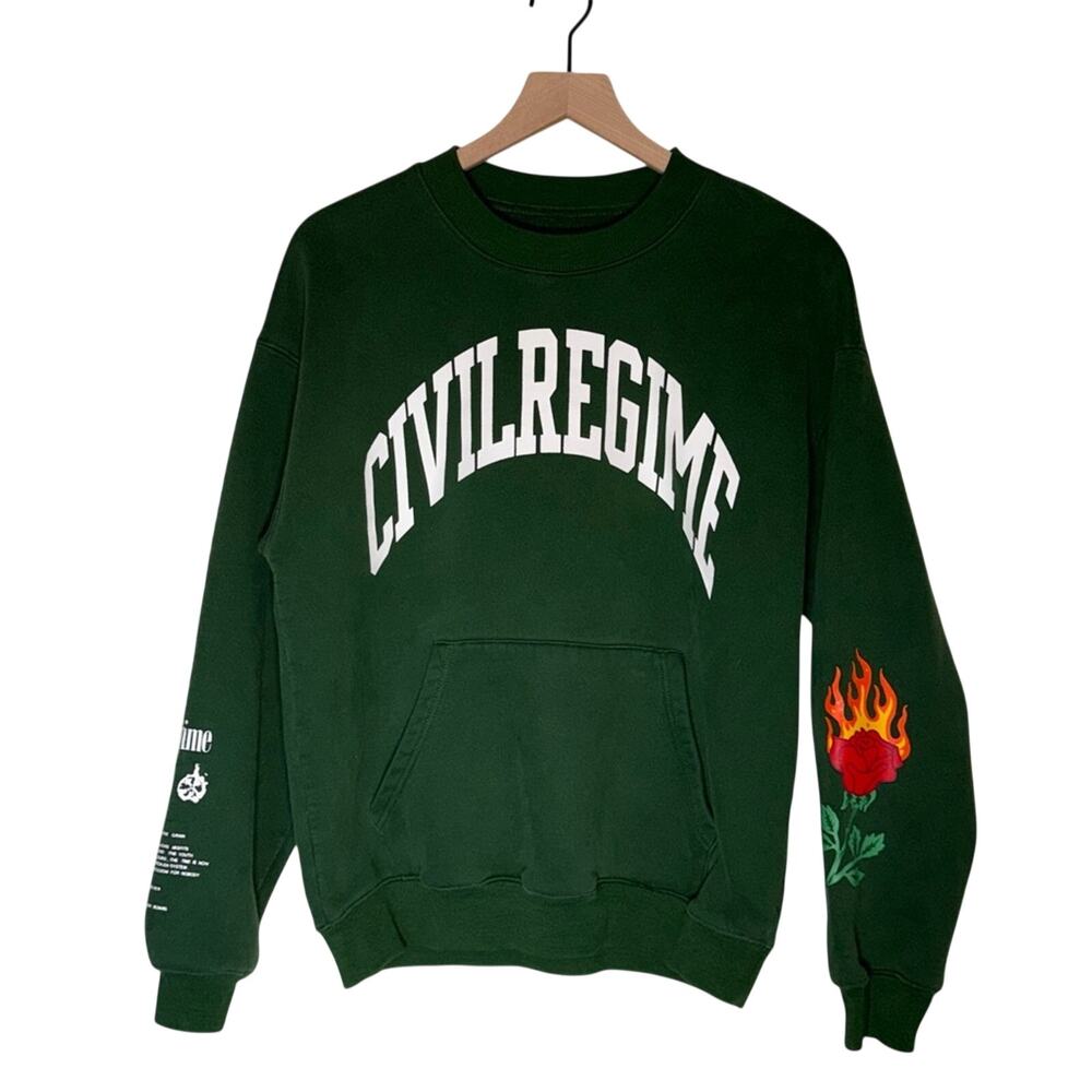 CIVIL REGIME streetwear front pocket detail screen print crewneck sweatshirt S